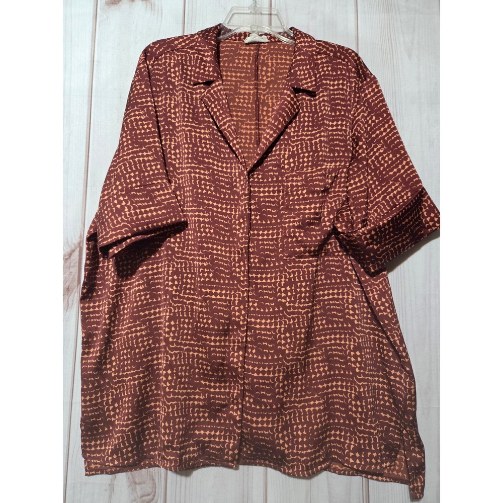 Open Edit Mens Brown Tan Geometric Abstract Print Camp Collar Shirt Large L